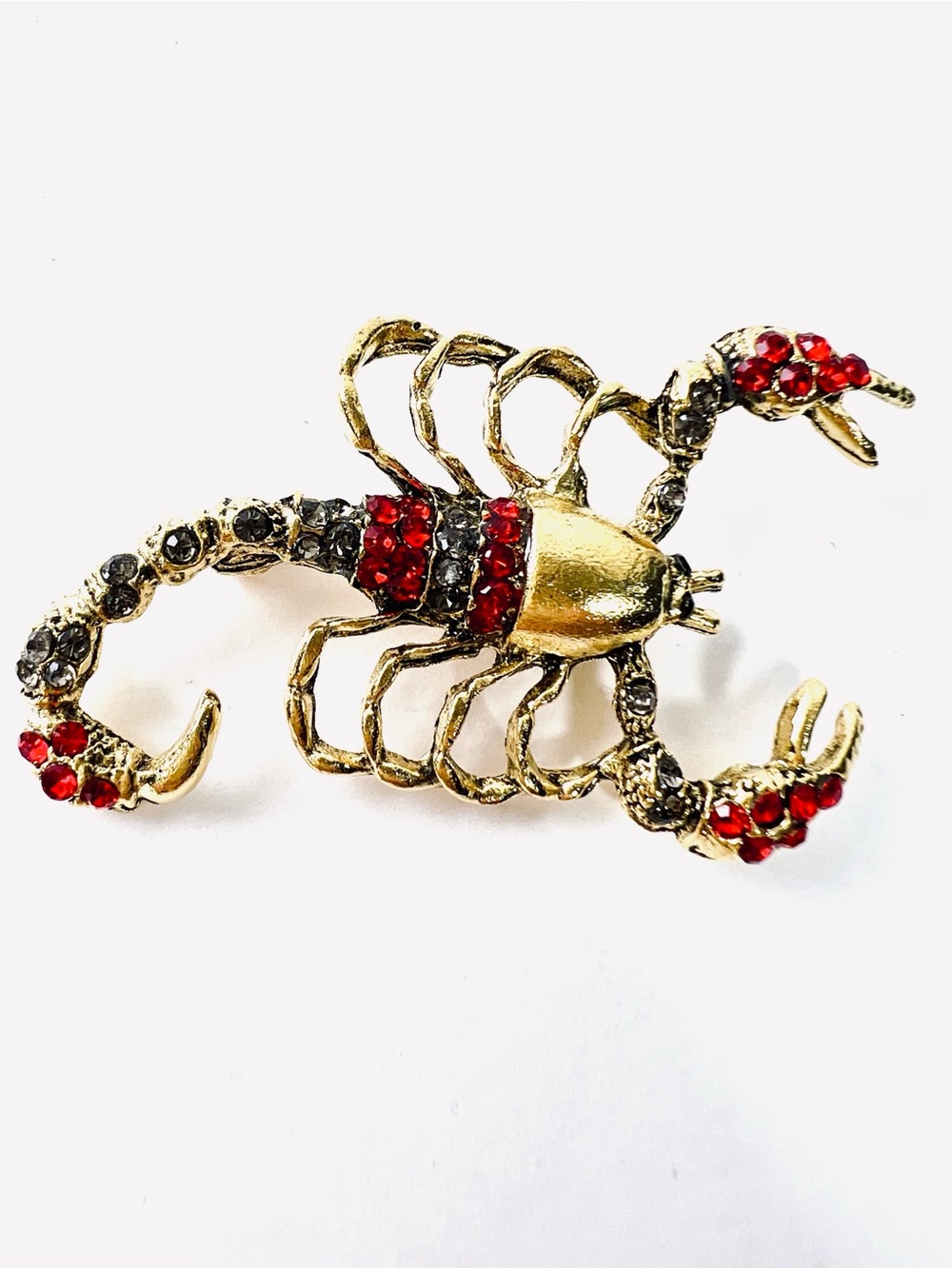 Gold Scorpion Brooch with Red and Black Rhinestones